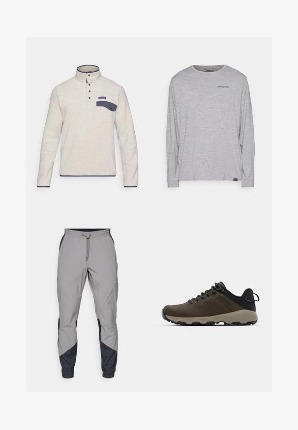 Svetlo siva fleec jakna z visokim ovratnikom, zapenjanjem na štiri gumbe in temno modrim žepom na prsih. Ima kontrastne temno modre obrobe ob robovih.; Svetlo siva majica dugih rukava od mekog, teksturiranog materijala. Ima okrugli izrez i mali plavi Patagonia logo na grudima.; Lahki, sivi atletski hlače z črnimi dodatki. Elastika v pasu, zategovalna vrvica, oblikovana noga in stranske žepe.; Rjave vodoodporne superge z teksturiranim zgornjim delom, perforiranimi detajli, črno podporo za peto in sivo gumijasto podlogo. Šnure imajo metalne konice.