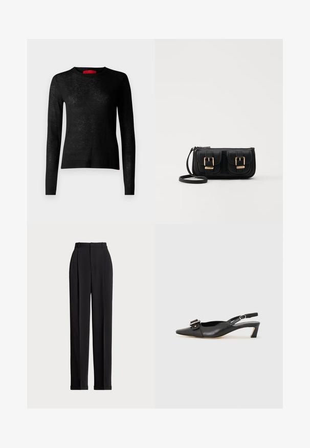 MAX&Co. MONIQUE - Džemper - schwarz; Mustad kohandatud püksid kõrge vöökohtaga, ees plisseeritud, sirge sääre disainiga ja mansetiga hem. Valmistatud sileda kangaga.; Must must nahk slingback kingad terava varbaga, väikese kontsaga ja dekoratiivse pandlaga ülaosas. Sile tekstuur, minimalistlik disain.; Must küllastamata nahast õlakott, millel on kaks esist nähtavat taskut, kuldsed pandlad, tõmblukuga sulgemine ja peen rihm. Tekstuuriga pind ja kompaktne ristkülikukujuline kuju.