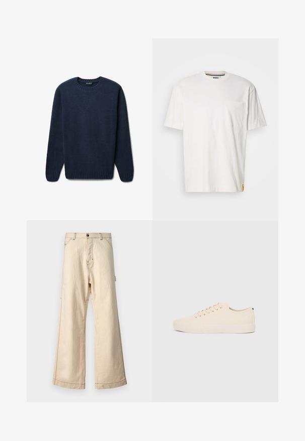 Marineblauer Pullover aus weichem, strukturiertem Material. Verfügt über einen runden Ausschnitt, gerippte Ärmelbündchen und Saum. Einfaches Design ohne Muster oder Akzente.; Weißes Baumwoll-T-Shirt mit Rundhalsausschnitt, kurzen Ärmeln und einer Brusttasche auf der linken Seite. Enthält ein kleines Logotag an der Seitennaht.; Beige weit geschnittene Hose aus Baumwolle mit einem Reißverschluss und Knopfverschluss, mit kontrastierenden Nähten und Seitentaschen.; Beige Leinensneaker mit runder Zehenpartie, flacher Gummisohle und Schnürung. Verfügt über ein minimalistisches Design und einen kontrastierenden schwarzen Akzent an der Ferse.