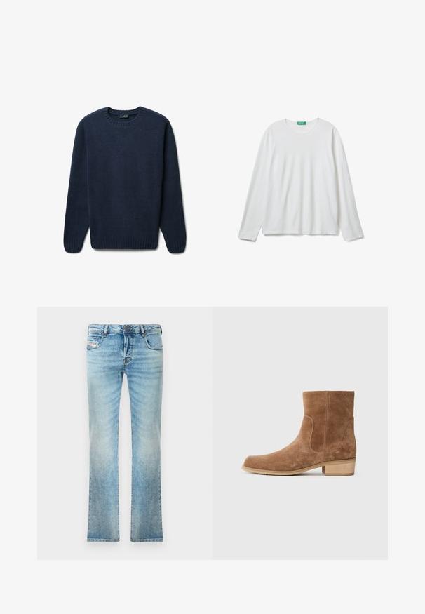 Maglione blu navy realizzato in tessuto morbido e testurizzato. Presenta un collo rotondo, polsini a coste e orlo. Design semplice senza motivi né accenti.; Maglietta a maniche lunghe bianca con scollo rotondo e etichetta verde sul collo, adagiata su uno sfondo bianco.; Jeans in denim azzurro chiaro con taglio dritto, design a cinque tasche e leggero sbiadimento. Include chiusura con bottone in metallo e zip.; Stivaletti in suede marrone con punta leggermente arrotondata, tacco in legno basso e impilato, pannelli elastici ai lati e cuciture lisce lungo le giunture.