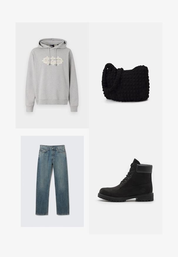 Szara bluza z kapturem wykonana z mieszanki bawełny, z przodu z grafiką w off-white oraz ozdobnym wzorem. Posiada sznurki do regulacji i ściągacze na rękawach.; Niebieskie dżinsy o prostych nogawkach z kieszeniami z przodu i kieszonką na monetę, szlufkami na pasek oraz metalowym zapięciem na tle jednolitym.; Czarne botki na kostkę z wiązaniem, z wyściełanym kołnierzem i solidną podeszwą, pokazane w profilu na białym tle.; Czarna torba z materiału o fakturowanym, pikowanym wzorze. Owalny kształt, krótkie, grube rączki oraz miękka, elastyczna struktura.