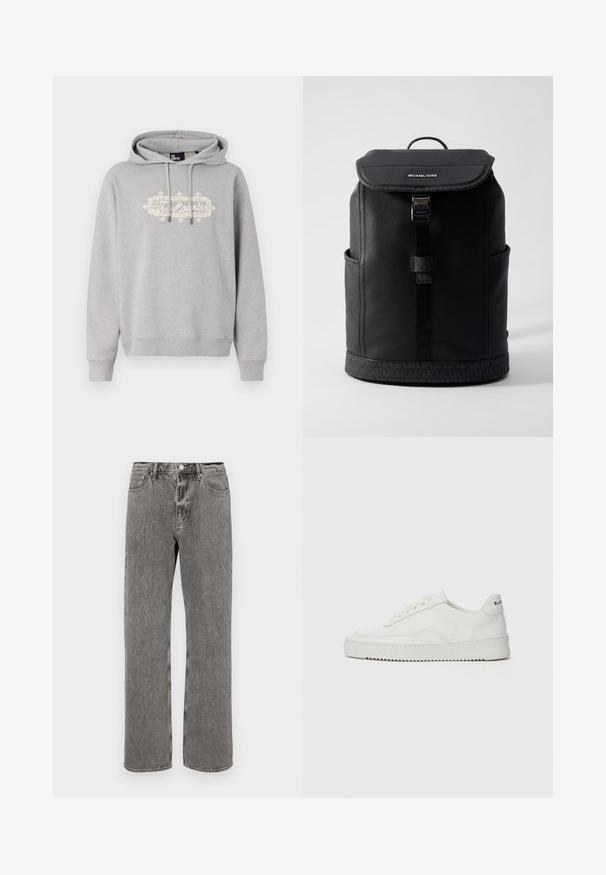 Gray hoodie made of cotton blend, featuring a front graphic in off-white text and ornate pattern. Includes drawstrings and ribbed cuffs.; Gray denim jeans featuring a straight-leg cut, five-pocket design, and a button closure at the waistband. Subtle faded texture throughout.; White leather sneaker with a smooth finish, round toe, flat laces, and a textured sole. Features a subtle logo on the heel.; Black leather backpack with a structured design, fold-over top, single clasp closure, side pockets, and a patterned fabric accent at the base.