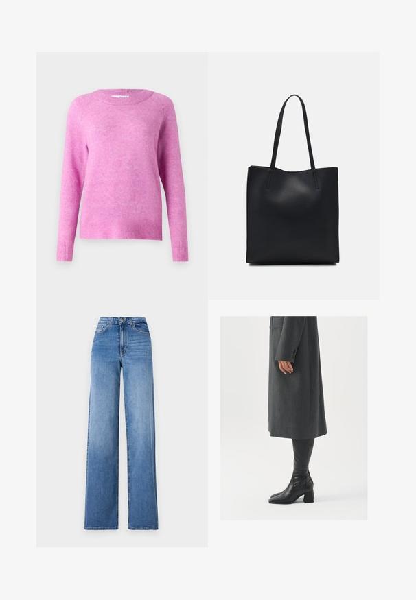 Roza džemper s dugim rukavima, okruglim izrezom i rebrastim manžetama. Mekana tekstura s lagano izmagličastim izgledom i opuštenim krojem.; Svijetloplavi široki traperice izrađene od denima, s visokim strukom, prednjim džepovima i standardnim kopčanjem na dugme. Glatka tekstura.; Sivi, krojeni kaput ravnog kroja; uparen s crnim kožnim čizmama do koljena koje imaju četvrtasti vrh i debeli potplat.; Crna kožna torba za nošenje s glatkom teksturom, pravokutnim oblikom i dvije duge ručke. Nema vidljivih metalnih dijelova ili ukrasa.
