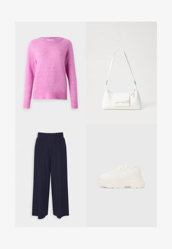 Sweater rosa com mangas longas, decote redondo e punhos canelados. Textura suave com uma aparência ligeiramente felpuda e corte relaxado.; Calças largas em tecido azul-marinho escuro com uma textura ribada. Apresenta uma cintura suave e uma silhueta fluida, atingindo o comprimento até metade da panturrilha.; Sapatilhas brancas em lona com sola espessa, biqueira arredondada e cinco ilhós para atacadores. Laço traseiro para calçar facilmente. Textura suave, design minimalista.; Mala sintética branca com formato triangular, aba frontal plana e detalhe de laço, alça ajustável, textura suave e design minimalista.