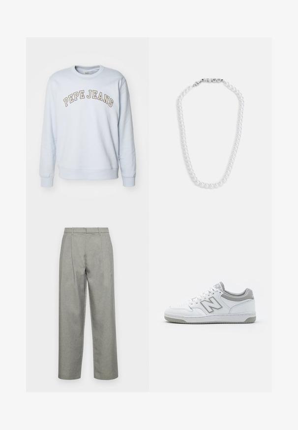 Moleton azul claro feito de uma mistura de algodão. Apresenta punhos e barra canelados, com "PEPE JEANS" impresso numa design curvo ao longo do peito.; Calças cinzas ajustadas, feitas de tecido texturizado, com design de perna reta, pregas frontais e uma cintura standard com passantes para cinto.; Sapatilhas brancas em couro com detalhes cinzentos, apresentando uma caixa do dedo perfurada, cordões planos e uma sola padrão. Logótipo da New Balance na lateral.; Colar de pérolas brancas com uma textura suave, apresentando um fecho prateado gravado com a palavra "HUGO". Pérolas de tamanho uniforme em um design clássico.