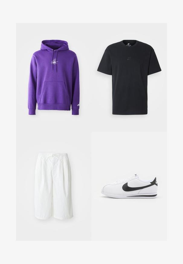 Violetti huppari, joka on valmistettu pehmeästä materiaalista. Siinä on etutasku, nyörihuppu ja valkoinen logo rinnassa. Sujuva pinta.; Nike musta musta T-paita, jossa on klassinen pyöreä kaula-aukko, lyhyet etkä hihat sekä hillitty, kohopainettu logo rinnassa. Silkkinen rakenne.; Valkoiset shortsit, joissa on joustava vyötärö ja naru, esiteltynä yksinkertaista vaaleaa taustaa vasten. Sopii rentoon tai lämpimään säähän.; Valkoiset nahkakengät mustalla Nike-logolla, litteät nauhat ja teksturoitu kumipohja. Pyöreä varvastyyny ja pehmustettu kaulus mukavuutta varten.