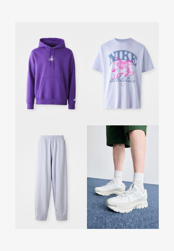 Un sweat à capuche violet en matériau doux, avec une poche avant, une capuche à cordon de serrage et un logo blanc sur la poitrine. Texture lisse.; T-shirt en coton violet clair avec un graphique d'un cheval ailé rose et bleu, avec le texte "NIKE" et "athletics", manches courtes et col rond.; Jogging léger en lavande fabriqué dans un tissu doux avec une taille élastique et des chevilles froncées. Présente un logo discret sur le côté.; Des chaussures de sport blanches avec des superpositions texturées, une semelle épaisse et des accents gris. Portées avec des chaussettes blanches et des shorts verts sur une surface bleue.