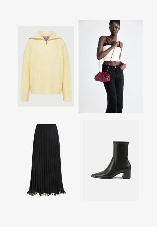 Pullover lavorato a maglia in morbido giallo, con design a mezza zip, colletto ampio e trama a coste. Vestibilità morbida con maniche lunghe.; Gonna maxi plissè nera realizzata in tessuto leggero con un design fluido. Presenta un orlo arricciato e una vita elasticizzata per il comfort.; Stivale alla caviglia nero in pelle liscia, con punta appuntita, tacco a blocco e cuciture raccolte distintive lungo il bordo superiore.; Borsa a tracolla in morbido tessuto bordeaux con design arricciato e una lunga tracolla, indossata a tracolla. Il modello indossa un top corto bianco e jeans neri.