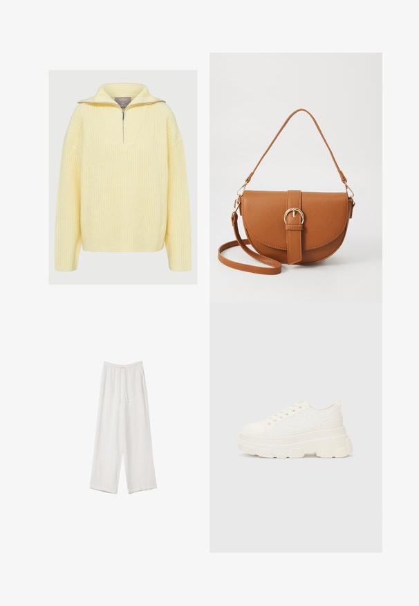 Neulepusero pehmeässä keltaisessa, jossa on puolivetoketju, leveä kaulus ja ribattu rakenne. Rentoa istuvuutta, pitkät hihat.; Valkoiset leveälahkeiset housut kevyestä kankaasta. Ominaisuuksiin kuuluu elastinen vyötärö, jossa on nauhakuuluma ja sivutaskut. Sileä rakenne.; Valkoinen kangaskenkä paksulla pohjalla, pyöreällä kärjellä ja viidellä nauhakuutiolla. Takareunan vipu helpottaa pukemista. Sileä pinta, minimalistinen muotoilu.; Ruskean nahkainen olkalaukku, jossa on kaareva muoto, kultaiset yksityiskohdat ja solkiyksityiskohta. Varustettu irrotettavalla olkahihnalla.