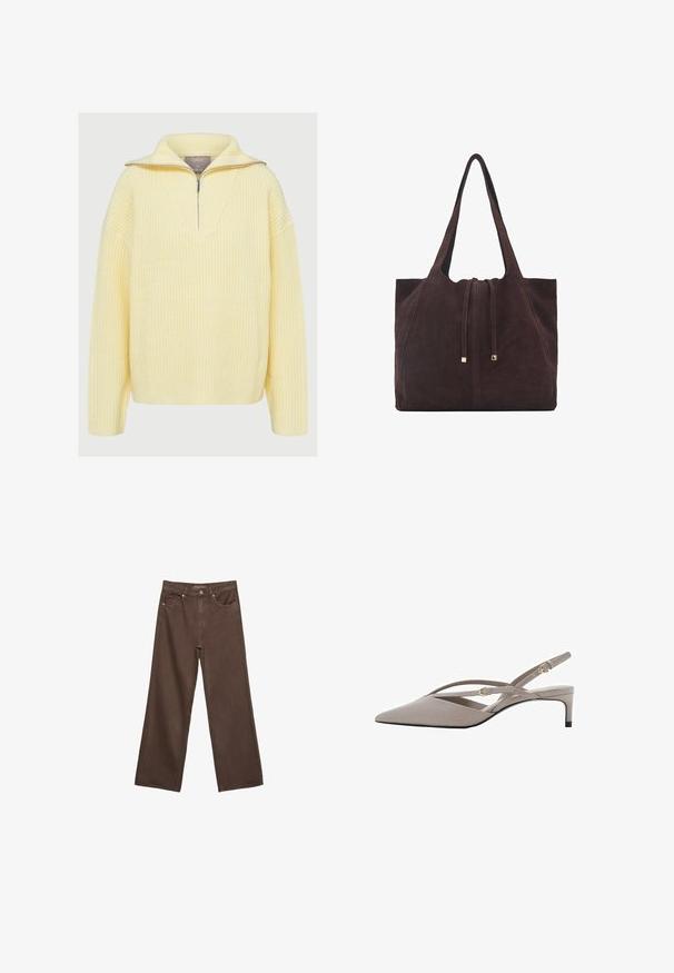 Strikket pullover i blødt gult, med halvlukket design, bred krave og ribbet tekstur. Løs pasform med lange ærmer.; Bredde ben brun denim jeans med høj talje, forlommer og klassisk knaplukning. Glat tekstur med diskret syninger.; Beige slingback hæle med spidse tæer, tynde krydsede stropper og en kort stiletto hæl. Glat stof med hardware i guld-tone.; Mango Shopping bags - dark brown