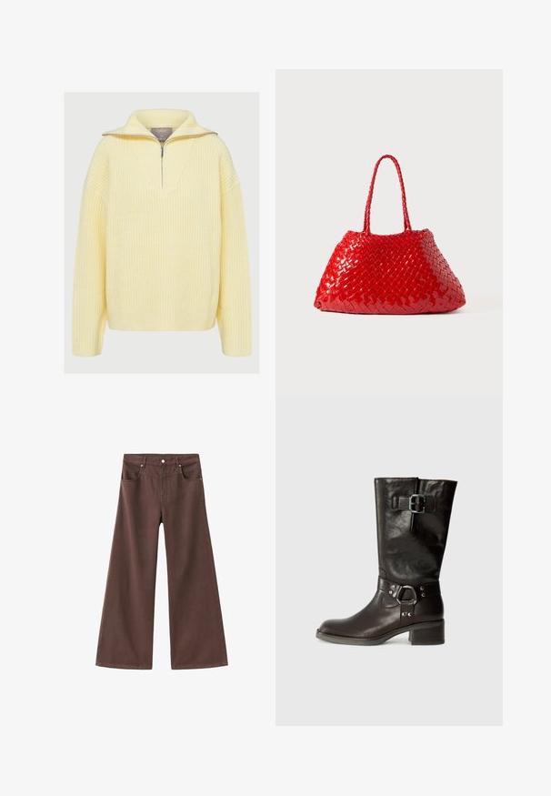 Pullover lavorato a maglia in morbido giallo, con design a mezza zip, colletto ampio e trama a coste. Vestibilità morbida con maniche lunghe.; Jeans a gamba larga marroni realizzati in denim. Presentano cinque tasche, una chiusura con zip e rivetti metallici. Texture liscia e design classico.; Stivale in pelle marrone fino al ginocchio con punta arrotondata, dettaglio fibbia laterale e tacco spesso. Texture liscia con accenti metallici sulla fascetta.; Borsa intrecciata rossa con finitura lucida, dotata di manici intrecciati. Forma triangolare distintiva e superficie testurizzata con un motivo fitto.