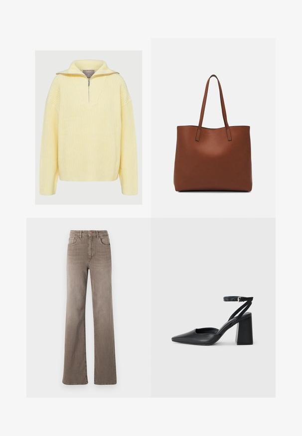 Pullover de malha em amarelo suave, com um design de meio zíper, gola larga e textura canelada. Corte solto com mangas longas.; Jeans castanhos de cintura alta, de perna reta, com botão frontal, passantes para cinto e design clássico de cinco bolsos em fundo branco.; Sandal com biqueira afilada em couro preto, com cinta no tornozelo e salto grosso. Textura lisa, design elegante e estética minimalista.; Bolsa tote de couro castanho com uma textura suave, design de abertura superior e duas alças para o ombro. Apresenta costura mínima e sem hardware visível.
