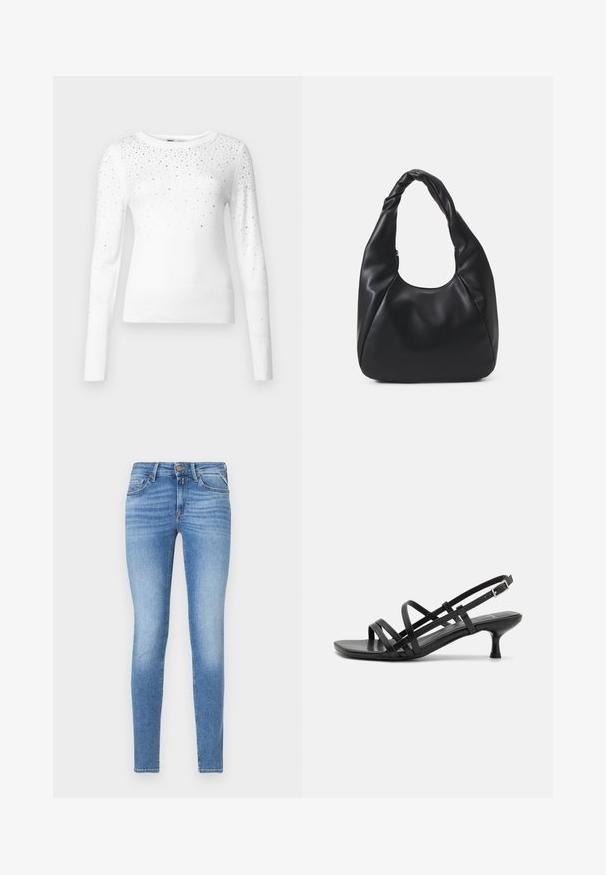 ONLY ONLSOLITA STONE DETAIL O NECK - Pullover - cloud dancer; Jeans en denim bleu clair ajustés avec taille mi-haute, bouton frontal et design à cinq poches.; Sandales à talons noirs avec plusieurs brides entrecroisées. Matériau lisse, bout pointu et talon étroit. Bride de cheville ajustable avec boucle.; Sac hobo noir en matériau semblable à du cuir, avec une anse torsadée, arborant une forme douce et arrondie, et une fermeture zippée sur le dessus.; Boucles d'oreilles en or avec une finition lisse et brillante. Design circulaire présentant un petit clou et une attache transparente pour un port sécurisé.