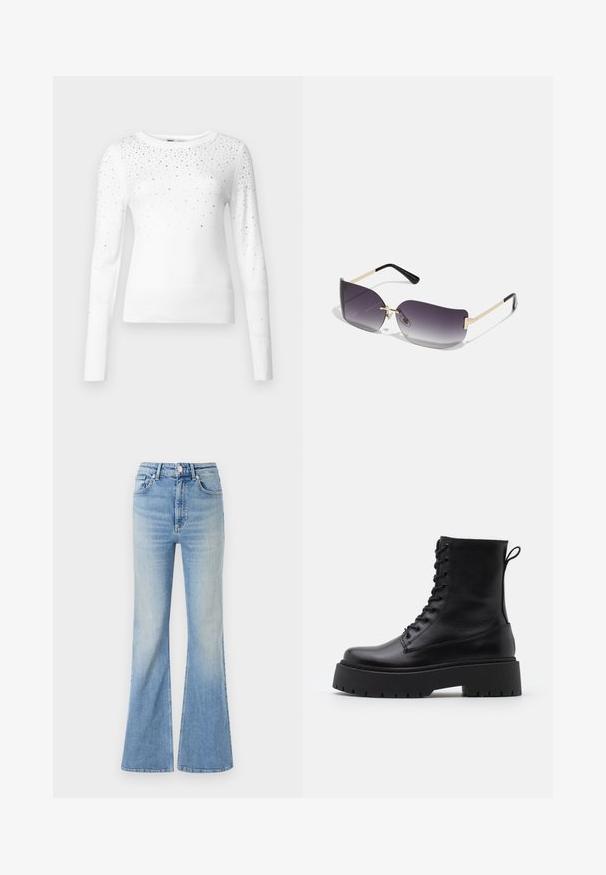 ONLY ONLSOLITA STONE DETAIL O NECK - Trui - cloud dancer; Lichtblauwe flared jeans van denim, met een hoge taille, vijf zakken en een subtiele gradient vervaging naar de zoom toe.; Zwarte leren enkelboots met een ronde neus, vetersluiting aan de voorkant en een dikke rubberen zool met een gestructureerd profiel. Trekbandje aan de achterkant.; Zonnebril met grijze gradientlenzen, gouden metalen montuur en zwarte plastic accenten. Unieke vlinder-vormige lenzen met dunne pootjes.; Zwarte leren clutch met een klep en een gouden metalen sluiting. Inclusief een zwarte schouderband en een slank, minimalistisch ontwerp.; Gouden creolen met een gladde, glanzende afwerking. Circulaire vormgeving met een kleine post en een doorzichtige achterkant voor een veilige draagervaring.