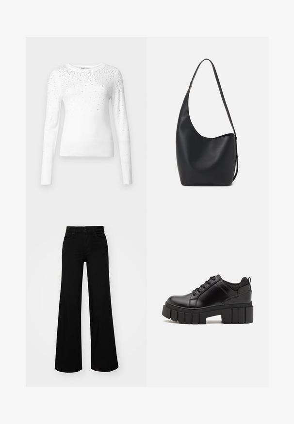 ONLY ONLSOLITA STONE DETAIL O NECK - Jumper - cloud dancer; Black wide-leg pants made of denim, featuring a structured waistband, belt loops, and front pockets. Smooth texture with a classic design.; Black leather platform shoes with a chunky block heel, round toe, and traditional lace-up design. Features smooth texture and minimal detailing.; Black leather hobo bag with a smooth texture, curved shape, and single adjustable strap; features a wide opening at the top.