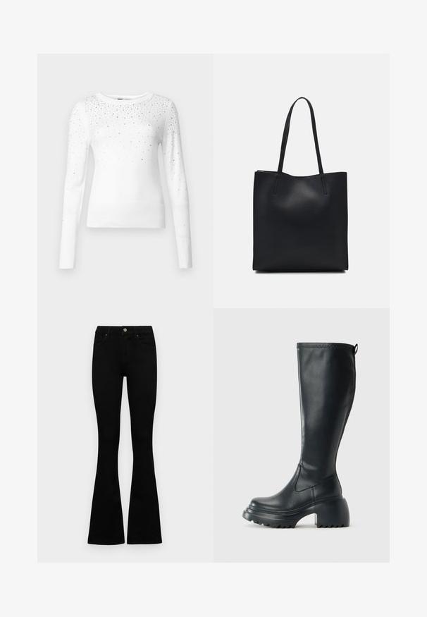 ONLY ONLSOLITA STONE DETAIL O NECK - Džemperis - cloud dancer; Juodos aukšto liemens džinsai su mygtuku ir užtrauktuku, priekinėmis kišenėmis ir platėjančiomis kojomis, išdėstyti ant baltos fono.; Ilgas juodos odinės batai su masyvi platforma ir stačiakampiu kulnu, turintys traukimo kilpą ir tekstūruotą pado raštą.; Juodas odinis tote krepšys su lygia tekstūra, stačiakampio formos ir dviem ilgais rankenomis. Matomų metalinių detalių ar puošybos nėra.