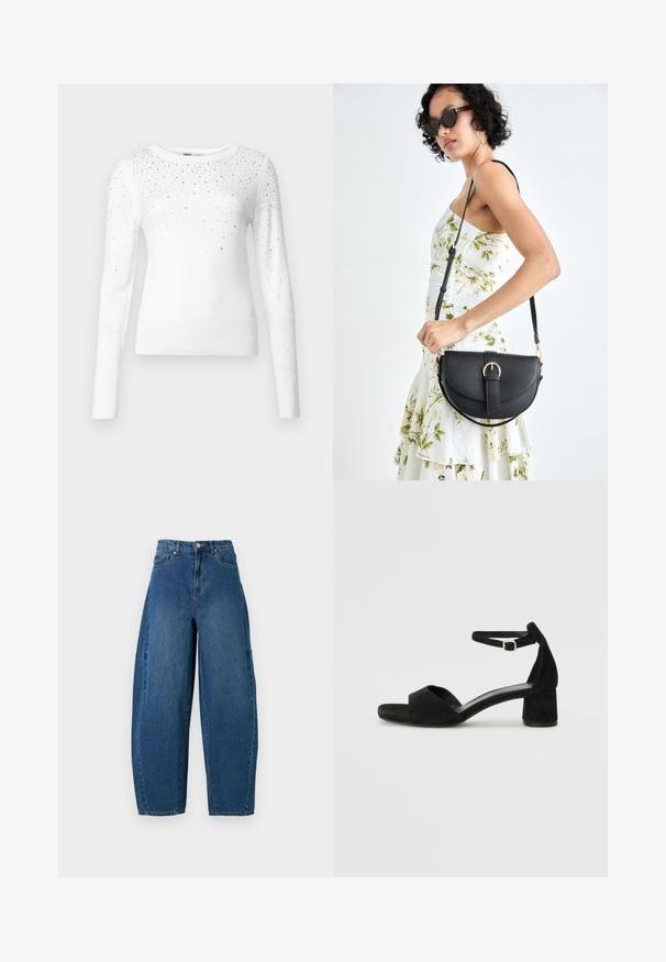 ONLY ONLSOLITA STONE DETAIL O NECK - Pulóver - cloud dancer; Közepes kék mosású farmernadrág, magas derékkal, széles lábszárral és hagyományos öt zsebes kialakítással, látható varrási részletekkel.; Fekete velúr magassarkú szandál vékony boka pánttal, nyitott orral és szerény blokk sarkával. Simaság és minimalista részletek jellemzik.; Fekete bőrtáska ívelt formával, levehető pánttal és arany színű fémrészekkel. A táskán egy csattal díszített fedél található.