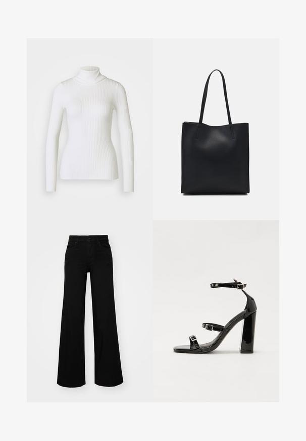 White ribbed turtleneck sweater with long sleeves, featuring a fitted design and soft texture. Flat collar and seamless look.; Black wide-leg pants made of denim, featuring a structured waistband, belt loops, and front pockets. Smooth texture with a classic design.; Black patent heeled sandals with a square toe, ankle straps, and silver buckles. Features a chunky block heel for stability.; Black leather tote bag with smooth texture, rectangular shape, and two long handles. No visible hardware or embellishments.