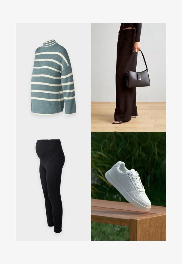 Blaugrüner gestreifter Pullover mit weißen horizontalen Streifen, geripptem Textil, hohem Kragen, oversized Passform und Schlitzen an den Seiten für mehr Bewegungsfreiheit.; Schwarze Schwangerschaftsleggings mit hohem Bund, hergestellt aus elastischem Material. Sie verfügen über eine glatte Textur und ein figurbetontes Design für höchsten Komfort.; Weiße Sneaker mit einem glatten, synthetischen Obermaterial, perforierter Zehenbox, flachen Schnürsenkeln und einer strukturierten Sohle, präsentiert auf einer Holzoberfläche.; Schwarze Handtasche mit strukturierter Form, glatter Textur und einem metallischen Verschluss. Kombiniert mit weiten schwarzen Hosen und offenen Sandalen auf einem Holzboden.