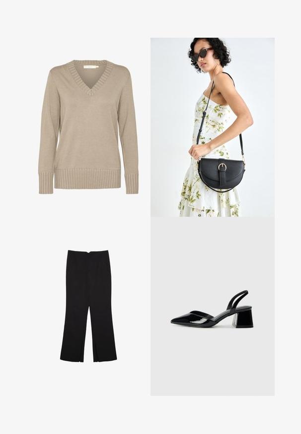 Beige gestrickter Pullover mit V-Ausschnitt, geripptem Saum und langen Ärmeln. Glatte Textur mit tailliertem Design und dezenten Details am Kragen.; Schwarze Hose mit geradem Schnitt, ausgestattet mit Fronttaschen und Seitenschlitzen am Saum. Hergestellt aus weichem, glattem Stoff. Geeignet für verschiedene Anlässe.; Schwarze Lackleder-Slingback-High Heels mit spitzem Schuh und einem geometrischen Blockabsatz. Verfügt über ein schlankes, minimalistisches Design und eine glatte Textur.; Schwarze Lederhandtasche mit geschwungener Form, abnehmbarem Tragegurt und goldenen Beschlägen. Die Tasche verfügt über einen Deckel mit einer Schnallen-Details.