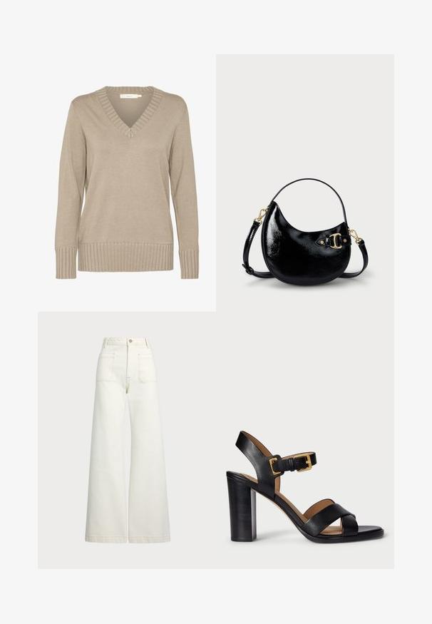 Beige kudumist sviiter V-kaelusega, ribaga ääris ja pikad varrukad. Sile tekstuur, sobiv disain ning peened detailid kaeluses.; Laiad teksad heledast denimist. Kõrge vöökoht, nööbivöö, kaks esikotitäit ja kontrastsed õmblused.; Mustad nahast kontsasaapad, millel on ristuv rihma disain ja klamber. Omab paksemat kontsa ja siledat tekstuuri.; Must musta nahk käekott kumerate joontega, reguleeritava rihmaga ja kuldse tooniga detailidega küljel. Sile, särav tekstuur.