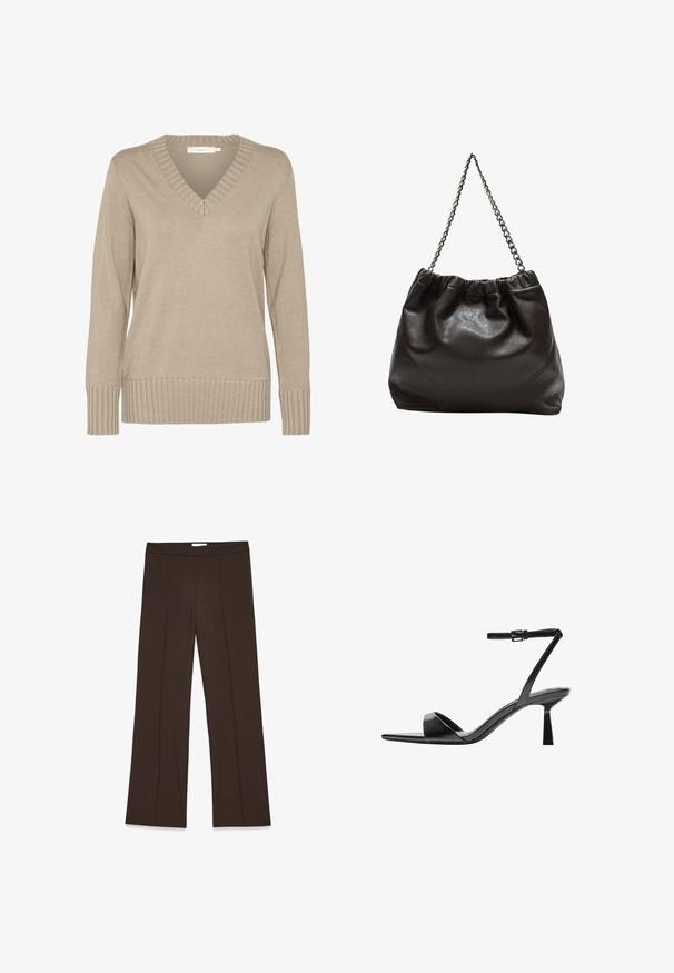 Bež pulover z V-izrezom, rebrastim robom in dolgimi rokavi. Gladka tekstura z oprijetim oblikovanjem in subtilnimi detajli na ovratniku.; Rjave, široke hlače iz gladkega materiala; vsebujejo sprednje nabore in standardni pas. Minimalističen dizajn brez vidnih zaponk.; Bershka Sandali z visoko peto - black; Rjava usnjena torba z nabranim vrhom in verižnim trakom. Gladka tekstura z sijajno površino in subtilnimi šivi na straneh.