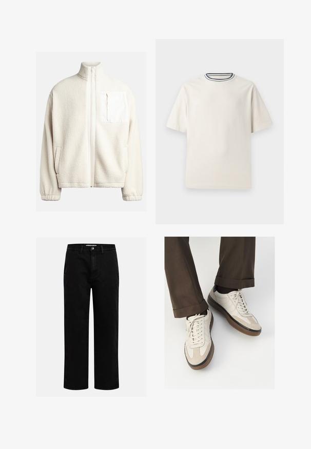 Crème fleecejack met hoge kraag, voorrits, zijzakken en een vierkant borstzakje van contrasterende stof. Zachte textuur.; Crème-kleurige katoenen t-shirt met korte mouwen, met een ronde halslijn die is accentueerd met marineblauwe en witte strepen. Soepele textuur, ontspannen pasvorm.; Zwarte denim broeken met een rechte pijp, klassieke vijf-pocket structuur en een knoopsluiting in de taille. Glad materiaal en duurzame stof.; Beige sneakers met een leren voorkant van textuur-suède, gladde leren zijkanten en een bruine rubberen zool. Veters en lichte stikseldetails inbegrepen.