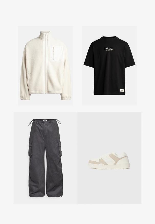 Veste en polaire crème avec un col montant, fermeture éclair sur le devant, poches latérales et une poche carrée sur la poitrine avec un tissu contrastant. Texture douce.; T-shirt noir à manches courtes en coton. Présente un petit logo blanc sur la poitrine et une étiquette rectangulaire en bas à droite.; Pantalons cargo gris en tissu texturé, avec une taille élastique, un cordon de serrage et des poches latérales. Coupe ample avec des jambes larges.; Baskets blanches et beiges présentant une combinaison de textures lisses et en daim, un bout rond, un système de laçage et une semelle en caoutchouc plate.