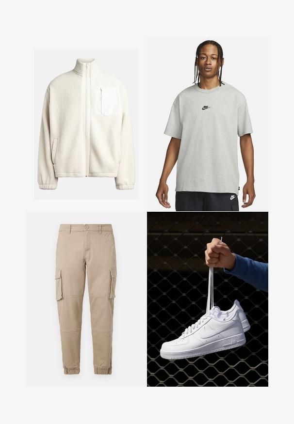 Cream fleece jacket with a high collar, front zipper, side pockets, and a square chest pocket featuring a contrasting fabric. Soft texture.; Young person with braided hair wearing a light gray Nike T-shirt and black Nike shorts against a plain white background.; Beige cargo pants in a lightweight cotton material. Features elastic cuffs, multiple side pockets, and a button closure.; White leather sneakers with perforations, round toe, flat sole, and thick laces, featuring a visible swoosh logo and "AIR" on the heel.