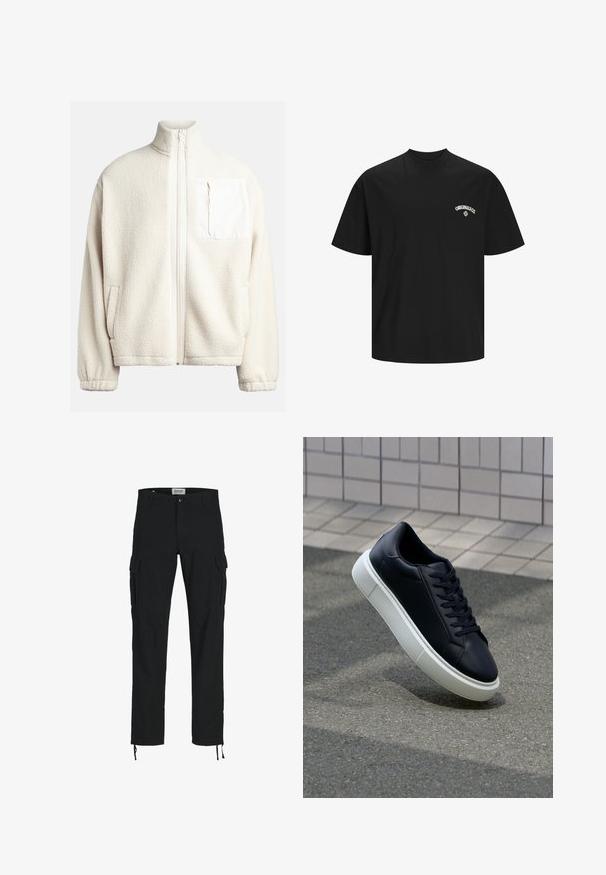 Veste en polaire crème avec un col montant, fermeture éclair sur le devant, poches latérales et une poche carrée sur la poitrine avec un tissu contrastant. Texture douce.; T-shirt en coton noir avec un col rond et des manches courtes. Comprend le logo blanc "ORIGINALS CO" sur la zone gauche de la poitrine.; Pantalons cargo noirs avec une coupe droite, dotés de poches latérales, d'une fermeture à bouton et de cordons élastiques aux chevilles. Fabriqués en tissu résistant.; Baskets noires en cuir avec bout arrondi et semelle en caoutchouc blanc. Elles présentent des lacets plats et une couture minimale sur la tige. Semelle texturée pour une bonne adhérence.