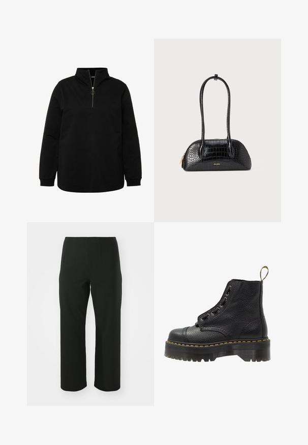 Ulla Popken - Bluza; Vero Moda Curve VMCAUGUSTA czarny; Czarne skórzane botki za kostkę o fakturowanej powierzchni, okrągłym nosku, sznurowanym designie, żółtych szwach i grubej, żłobionej czarnej podeszwie.; Czarna torebka w skórzanym wzorze krokodyla o gładkiej teksturze, zaokrąglonym kształcie i dwóch smukłych uchwytach. Złote logo przy podstawie.; Srebrne kolczyki nausznikowe o minimalistycznym designie, z gładkim, okrągłym kształtem i polerowanym wykończeniem, zamocowane na zapięcie na szpilkę.