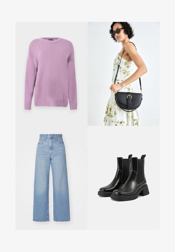 Lavendelfarbenes Strickoberteil mit Rundhalsausschnitt, langen Ärmeln, gerippten Bündchen und Saum, das eine strukturierte, weiche Oberfläche aufweist.; Hellblaue High-Waist-Weite-Leg-Jeans mit Knopf- und Reißverschluss vorne, Vorder- und Rückentaschen, auf weißem Hintergrund.; Schwarze Leder Chelsea-Stiefel mit einem klobigen Absatz, elastischen seitlichen Einsätzen und kontrastierendem weißen Nähten. Strukturierte Oberfläche.; Schwarze Lederhandtasche mit geschwungener Form, abnehmbarem Tragegurt und goldenen Beschlägen. Die Tasche verfügt über einen Deckel mit einer Schnallen-Details.