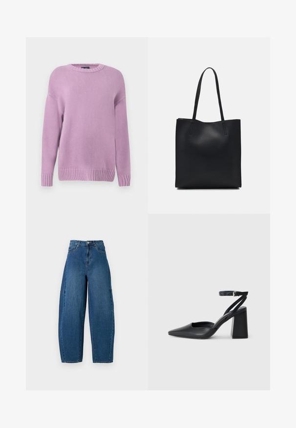 Lilac knit sweater with a crew neckline, long sleeves, ribbed cuffs and hem, featuring a textured, soft finish.; Denim jeans in a medium blue wash, featuring a high waist, wide leg cut, and standard five-pocket design with visible stitching details.; Black leather pointy-toe pump with an ankle strap and a chunky heel. Flat texture, sleek design, and minimalistic aesthetics.; Black leather tote bag with smooth texture, rectangular shape, and two long handles. No visible hardware or embellishments.