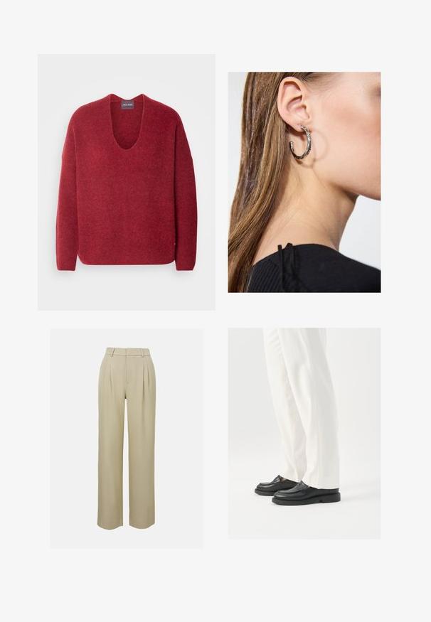 Mos Mosh THORA V-NECK - Neule - garnet; Beige leveleet housut valmistettu sileästä kankaasta, joissa on etupleatit, muotoiltu vyötärö ja sivutaskut. Siisti helman viimeistely.; Musta nahkakengät, joissa on sileä pinta, ompelusedet ja pyöristetty kärki, yhdistetty valkoisiin räätälöityihin housuihin.; Hopea renkaankorvakoru kiiltävällä pinnalla, jossa on pieniä kultaisia yksityiskohtia ja pyöreä muoto, käytetty korvalla.