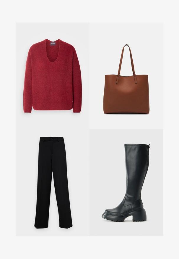 Mos Mosh THORA V-NECK - Pulóver - garnet; Fekete, széles szárú nadrág sima anyagból, klasszikus derékrésszel, gombzárral és elülső redőkkel.; Magas fekete bőrcipő, vastag platform talppal és blokk sarokkal, húzófüllel és texturált profillal az outsole-on.; Barna bőr vászontáska sima textúrával, nyitott tetejű dizájnnal és két vállpánttal. Minimális varrással és látható hardver nélkül készült.