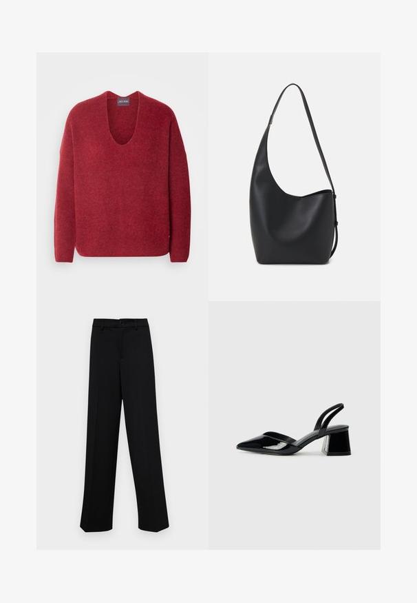 Mos Mosh THORA V-NECK - Jumper - garnet; Black wide-leg trousers made of smooth fabric, featuring a classic waistband with a button closure and front pleats.; Black patent leather slingback heels with a pointed toe and a geometric block heel. Features a sleek, minimal design and smooth texture.; Black leather hobo bag with a smooth texture, curved shape, and single adjustable strap; features a wide opening at the top.