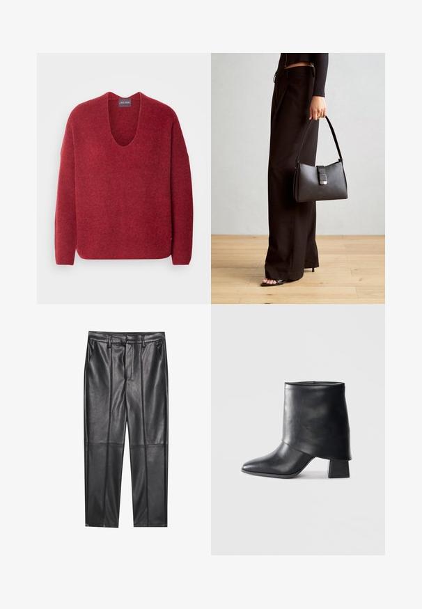 Mos Mosh THORA V-NECK - Džemperis - garnet; Juodos odinės kelnės su lygiu tekstūru, tiesaus kirpimo, dviem priekinėmis kišenėmis ir matomomis siūlėmis.; Juodos odinės kulkšnės botai su smailiu pirštu, lygiu paviršiumi ir standžiu blokiniu kulnu. Ypatybė - aukštas, sulankstytas užkulnis.; Juodas rankinė struktūrizuota forma, lygi tekstūra ir metalinis užsegimas. Suporuota su plačiomis juodomis kelnėmis ir atvirais bateliais ant medinių grindų.