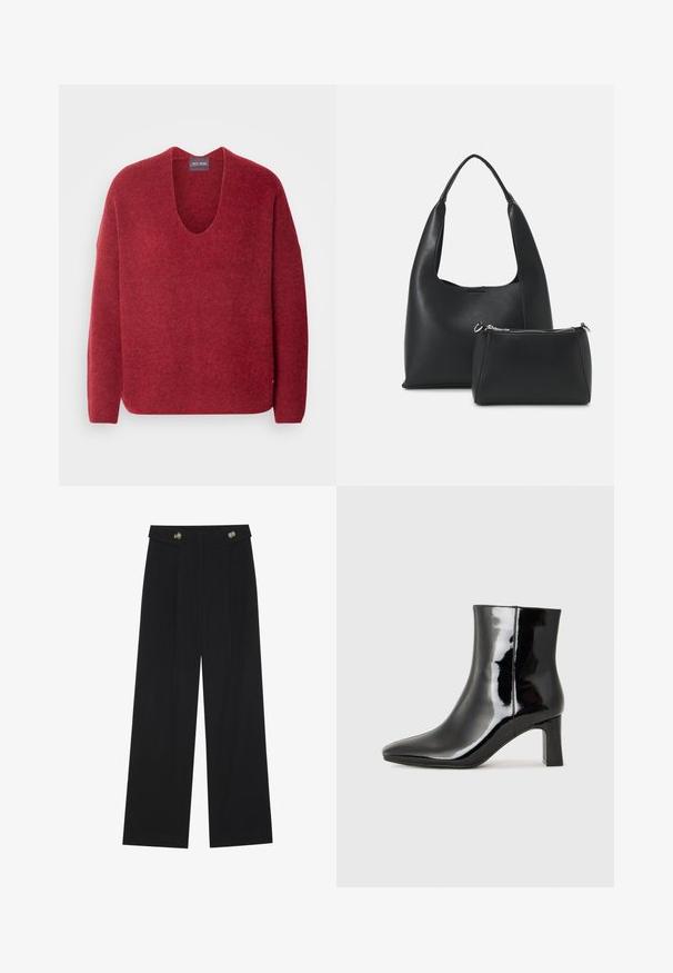 Mos Mosh THORA V-NECK - Strickpullover - garnet; Schwarze weite Hosen mit hoher Taille, Knopfdetails am Bund und vorderen Falten.; Schwarzer Lackleder-Stiefelette mit spitzer Zehe und einem mittelhohen Blockabsatz. Glatte Textur und minimalistisches Design.; Even&Odd Handtasche - black