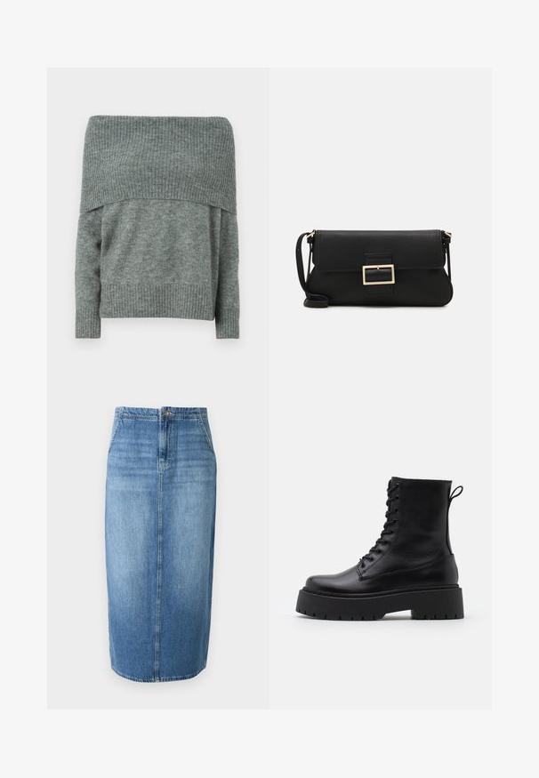 Vállról lelógó, heather szürke kötött pulóver, bordázott textúrával a nyakrésznél és a mandzsettánál, laza fazonnal és hosszú ujjakkal.; Világoskék farmer ceruza szoknya egyenes szabással, elöl gombos záródással és enyhe fakulással. A szoknya szegélye éppen térd felett végződik.; Fekete bőr bokacsizma, kerek orral, fűzős elülső résszel és vastag, texturált gumitalppal. Húzófül hátul.; Fekete bőr kézitáska hajtóka részlettel és aranyszínű fém csattal. Tartalmaz egy fekete pántot és egy letisztult, minimális dizájnt.