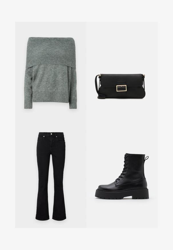 Õlavarrelt avatud heledat halli värvi kampsun, millel on ribatakstiga tekstuur kaelaaugu ja mansettide juures, lõdva istuvuse ja pikkade varrukatega.; Mustad flared teksasaapad, millel on keskmise tõusuga vöökoht, eesmine taskud ja nupplikuga kinnistus. Sile tekstuur minimaalse õmbluste detailidega.; Mustad mustad nahast pahkluu saapad ümarate varvastega, nööridega esiosas ja paksu kummist talla ning tekstuuritud mustriga. Tagumine tõmbeaas.; Must haben musta nahkklahviga kott, millel on klapp ja kuldne metallist pandla detail. Kaasas must rihm ja stiilne, minimalistlik disain.