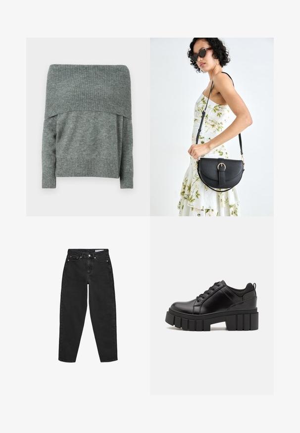 Pulover off-the-shoulder din tricot gri heather, cu textură ribbed la decolteu și manșete, cu o croială relaxată și mâneci lungi.; Blugi negri din denim cu design cu picior drept, cinci buzunare și accesorii de culoare cupru. Prezintă o talie clasică și cusături minimale.; Pantofi cu talpă plată din piele neagră, cu toc gros, vârf rotund și design tradițional cu șireturi. Prezintă o textură netedă și detalii minime.; Geantă din piele neagră, cu o formă curbată, curea detașabilă și accesorii aurii. Geanta are un capac cu un detaliu tip cataramă.