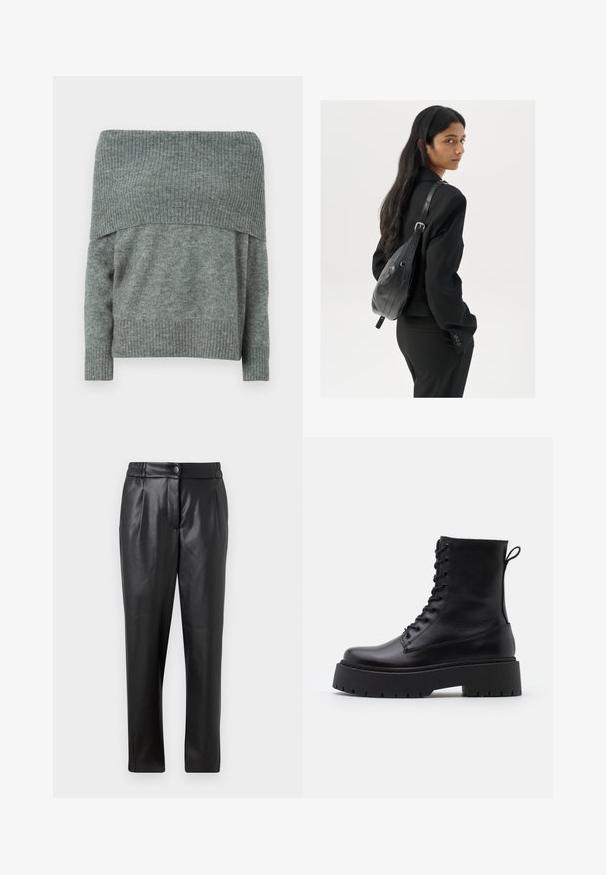 Sweater off-the-shoulder em cinza mescla, com textura canelada no decote e punhos, com um corte relaxado e mangas longas.; Calças de couro pretas com uma textura suave, corte reto, cintura elástica e fecho com botão na frente; detalhe plissado e pernas afuniladas.; Botas de couro pretas até ao tornozelo, com bico redondo, atacador na frente e uma sola de borracha espessa com um padrão texturizado. Alça na parte de trás.; Mulher com cabelo longo e escuro, vestindo um fato preto, carregando uma mala de ombro em pele preta, olhando por cima do ombro contra um fundo branco.