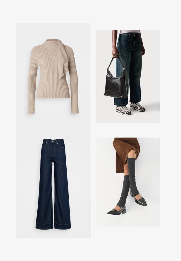 Beige gerippter Strickpullover mit hohem Kragen und drapierter Schal-Details am Ausschnitt. Lange Ärmel mit schmaler Silhouette. Gemütliche Textur.; Dunkelblaue High-Waist-Weitbein-Jeans mit vorderen Taschen, Gürtelschlaufen, Knopfverschluss und sichtbaren Nähten auf weißem Hintergrund.; Schwarze lacklederne spitze Schuhe mit Blockabsatz und Knöchelriemen, kombiniert mit grauen gerippten Beinstulpen und einem braunen Wildlederrock.; Schwarze Leder-Schultertasche mit glatter Textur und verstellbarem Riemen, kombiniert mit ausgewaschenen weit geschnittenen Jeans und sportlichen Sneakern.