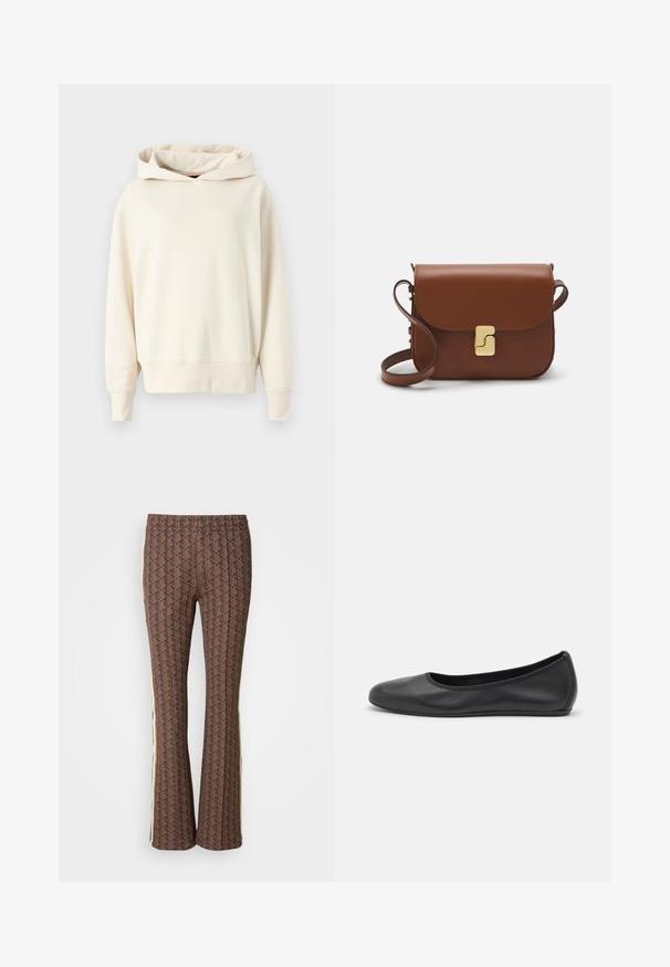 Krémová mikina s kapucí vyrobená z měkkého materiálu, s volným střihem, velkou kapucí a žebrovanými manžetami, na přední straně s decentním logem.; Bílá tričko s krátkým rukávem vyrobené z žebrované tkaniny. Kulatý výstřih, normální střih a jemné detaily šití. Bez vzorů nebo grafik.; Hnědé kalhoty s rozšířenými nohavicemi a texturovaným vzorem, s bočními pruhy. Elastický pas pro pohodlí.; Černé kožené baletní byty s kulatou špičkou, hladkou texturou, minimálními švy a flexibilním designem podrážky.; Hnědá kožená kabelka s klopou, zlatými kovovými detaily, ramenním popruhem a hladkým povrchem. Kompaktní obdélníkový tvar.