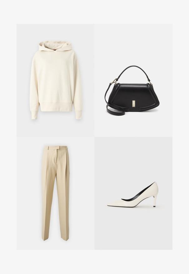 Haut à capuche crème en tissu doux, avec une coupe décontractée, une grande capuche et des poignets côtelés, arborant un logo discret à l'avant.; Pantalons beiges ajustés avec une coupe droite, dotés de plis, d'une ceinture et d'une texture lisse. Pas de poches visibles ni d'ornements.; Pompe à talon haut en cuir verni blanc avec un bout pointu, un talon fin et des détails intérieurs noirs. Texture lisse et design épuré.; Sac à main en cuir noir avec un design structuré, featuring une forme cropped, une poignée supérieure et des accents en matériel doré. Bandoulière réglable incluse.