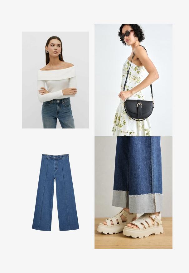 Bílé žebrované tričko s odhalenými rameny a dlouhými rukávy, spárované s džínami s vysokým pasem v modré barvě, které mají volný střih a jemnou texturu.; Džíny s širokými nohavicemi v středně modré barvě, se zvýšeným pasem, knoflíkovým zapínáním a kontrastními vertikálními švy vpředu.; Béžové platformové sandály s tlustými podešvemi mají páskový design a nastavitelné kotníkové pásky. Jsou nošeny s širokými džínovými kalhotami, přičemž jedna nohavice je roztrhaná.; Černá kožená kabelka s křivkovým tvarem, odnímatelným popruhem a zlatými detaily. Kabelka má klopu s přezkou.