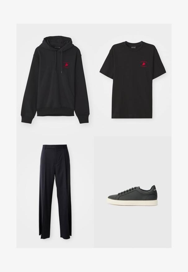Μαύρη φούτερ μπλούζα από ριγωτό ύφασμα, με μπροστινή τσέπη, ρυθμιζόμενη κουκούλα και κόκκινο κεντητό λογότυπο στο στήθος.; Μαύρη βαμβακερή μπλούζα με στρογγυλή λαιμόκοψη και κοντά μανίκια. Διαθέτει κόκκινο κεντητό λογότυπο "Emporio Armani" και καρδιά στην περιοχή του στήθους.; Μαύρο παντελόνι ψηλόμεσο με φαρδιά γραμμή, κατασκευασμένο από απαλό ύφασμα. Διαθέτει πιέτες εμπρός και θηλιές ζώνης. Μινιμαλιστικός σχεδιασμός, χωρίς ορατά αξεσουάρ.; Μαύρο δερμάτινο αθλητικό παπούτσι με χαμηλό προφίλ, στρογγυλή μύτη και κλείσιμο με κορδόνια. Διαθέτει υφή ελαστική σόλα και λεπτομέρεια λογότυπου στη φτέρνα.