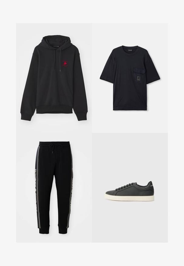 Svart hettegenser laget av ribbestrikket stoff, med en frontlomme, snorhette og rødt brodert logo på brystet.; Svart kortermet t-skjorte med rund hals og klaffelomme på venstre bryst, med et lite rektangulært logomerke.; Sorte joggebukser med elastisk liv, snor, side lommer, ribbede mansjetter og hvit "Emporio Armani" tekst langs sidestroppene.; Svart skinnsneaker med lav profil, rund tå og snøring; har en teksturert gummisåle og logo-detalj på hælen.