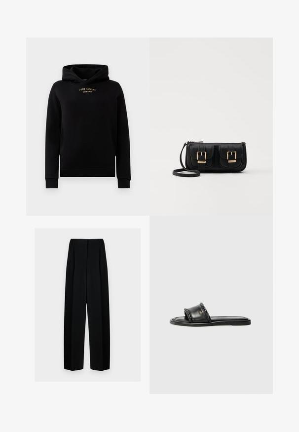 Svart hettegenser laget av mykt stoff, med en lommes foran, ribbestrikkede mansjetter og en gull brodert logo på brystet.; Svart vide bukser med høy livhøyde, med folder og en glatt tekstur. Stoffet virker lett og faller elegant.; Sorte lærsandaler med en vævet stropdetalje, flad sål og et slankt design. Glat tekstur og minimalistisk profil.; Svart skinn crossbody veske med to frontlommer, gyldne spenner, glidelåslukking og en slank stropp. Teksturert overflate og kompakt rektangulær form.