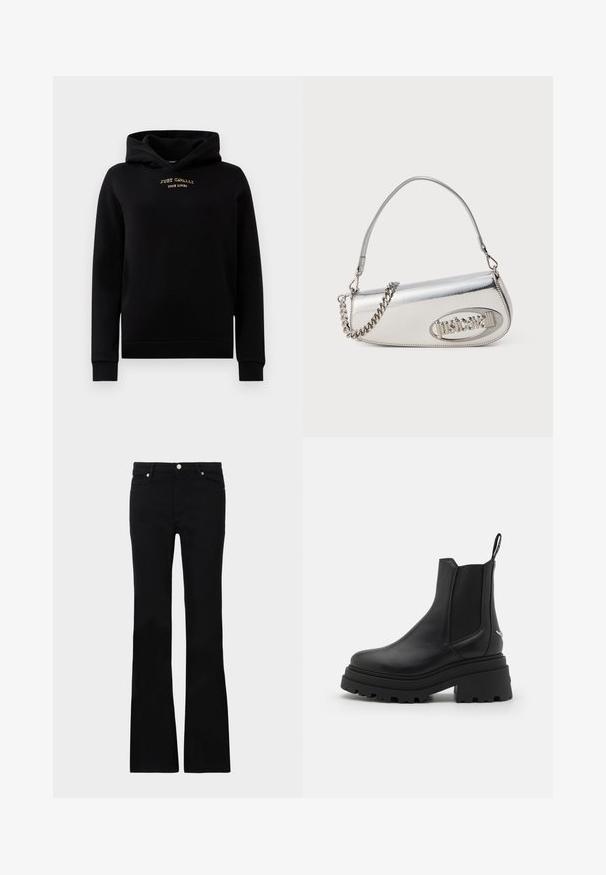 Schwarzer Hoodie aus weichem Stoff, mit einer Fronttasche, gerippten Bündchen und einem goldenen, gestickten Logo auf der Brust.; Schwarze, ausgestellte Jeans aus Denim, ausgestattet mit zwei Fronttaschen, einem Knopfverschluss und einer glatten Oberfläche. Signatur-Nähte an den Nähten sichtbar.; Schwarze Chelsea-Stiefel aus glattem Leder mit elastischen seitlichen Einsätzen, einer dicken, geriffelten Gummisohle und einer Schlaufe an der Rückseite.; Silberne metallische Handtasche mit einer abgerundet dreieckigen Form, ausgestattet mit einem Logo, einer Kettenriemen und einer glatten Textur. Reißverschluss an der Seite.
